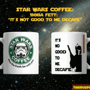 Two white Star Wars coffee mugs, including a Boba Fett mug, feature decaf-themed designs against a starry space background.