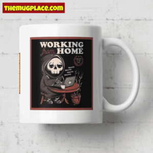 White mug with a skeleton in a hoodie using a laptop, coffee cups nearby—perfect for the Employee of the Year Mug vibe.