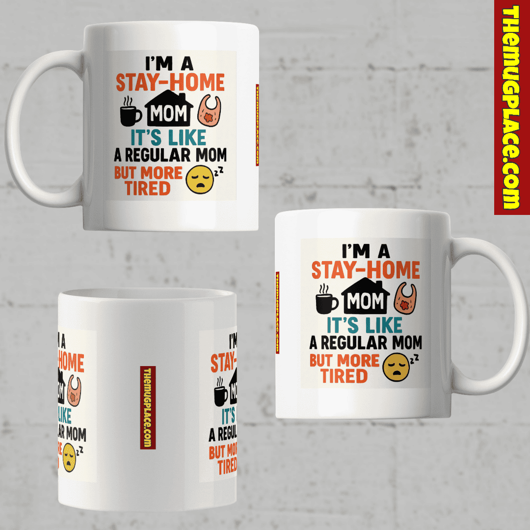 Three white mugs for the Stay-at-Home Mum feature colourful graphics and a witty, heartfelt appreciation message.