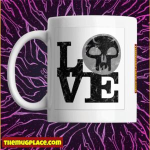 A Mana Mug displays the word LOVE, with the O as a skull. The background features a purple abstract pattern.