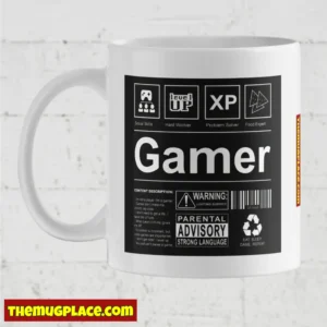 A Retro Gamer Mug featuring black gamer-themed graphics and parody warning and advisory labels on a classic white ceramic.