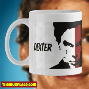 A Serial Killer Mug featuring a bold black and red Dexter graphic, plus THEMUGPLACE.CO.UK in vibrant yellow and red.
