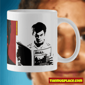 A white Dexter Mug with a black stencil-style image of a man reading a newspaper, THEMUGPLACE.COM logo at the bottom.