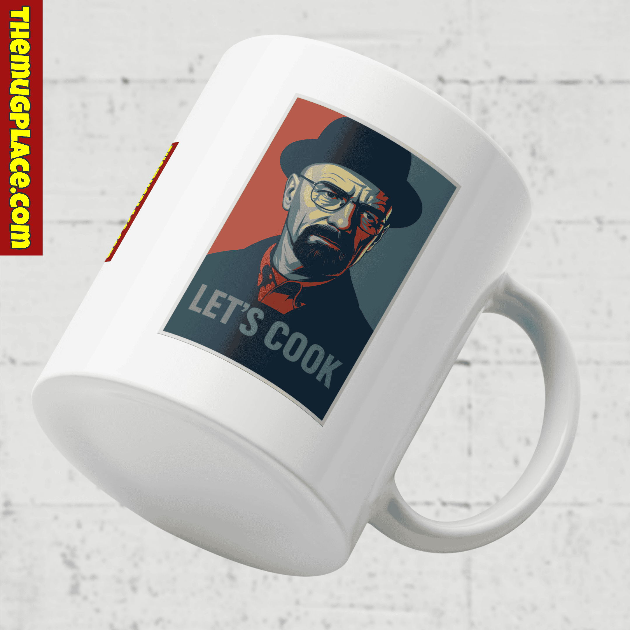 A white mug featuring a Breaking Bad-inspired man in a hat and glasses above the text Let's Cook on a white background.