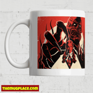 A white mug with a red and black graphic of a monster and girl, perfect as a Stranger Things Series 5 gift. Themugplace.com logo included.