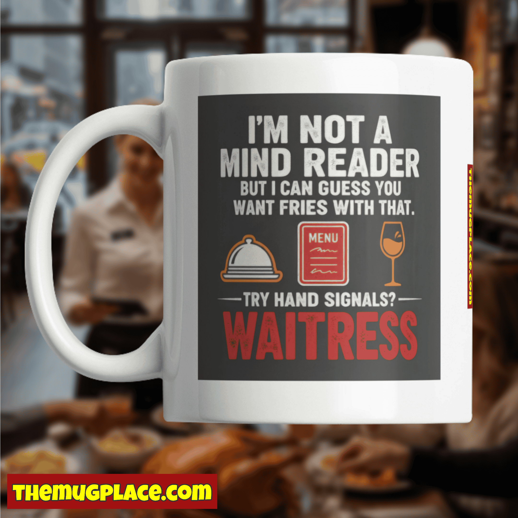 A white waitress mug with witty text—perfect as a waitress gift or fun addition to your gift collection.