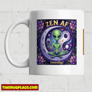 Funny Mug featuring a meditating alien with wine—ZEN AF with floral accents. Perfect for your Mug Collection