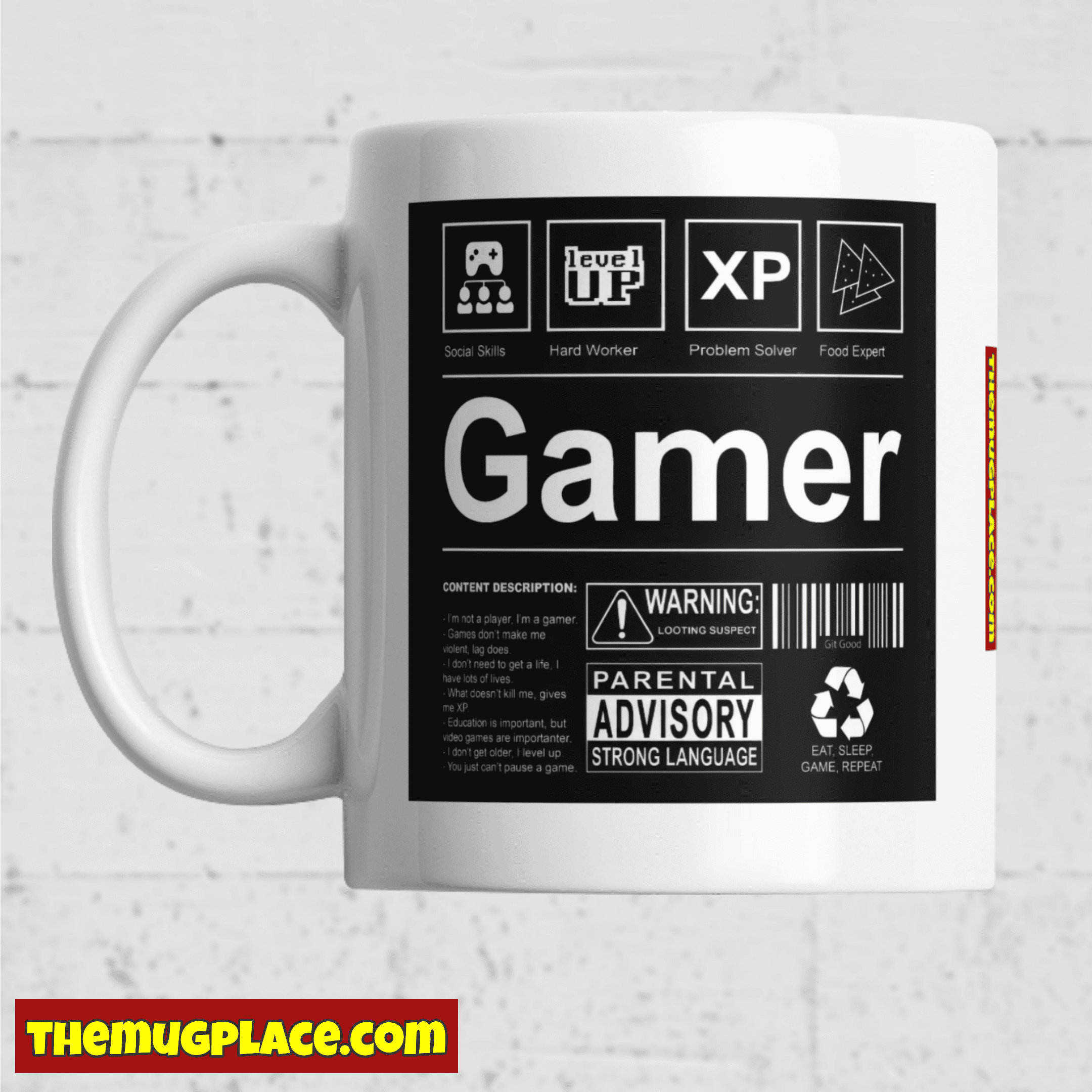 Retro Gamer Mug with a black label-style design featuring Gamer, Parental Advisory, and Level Up.