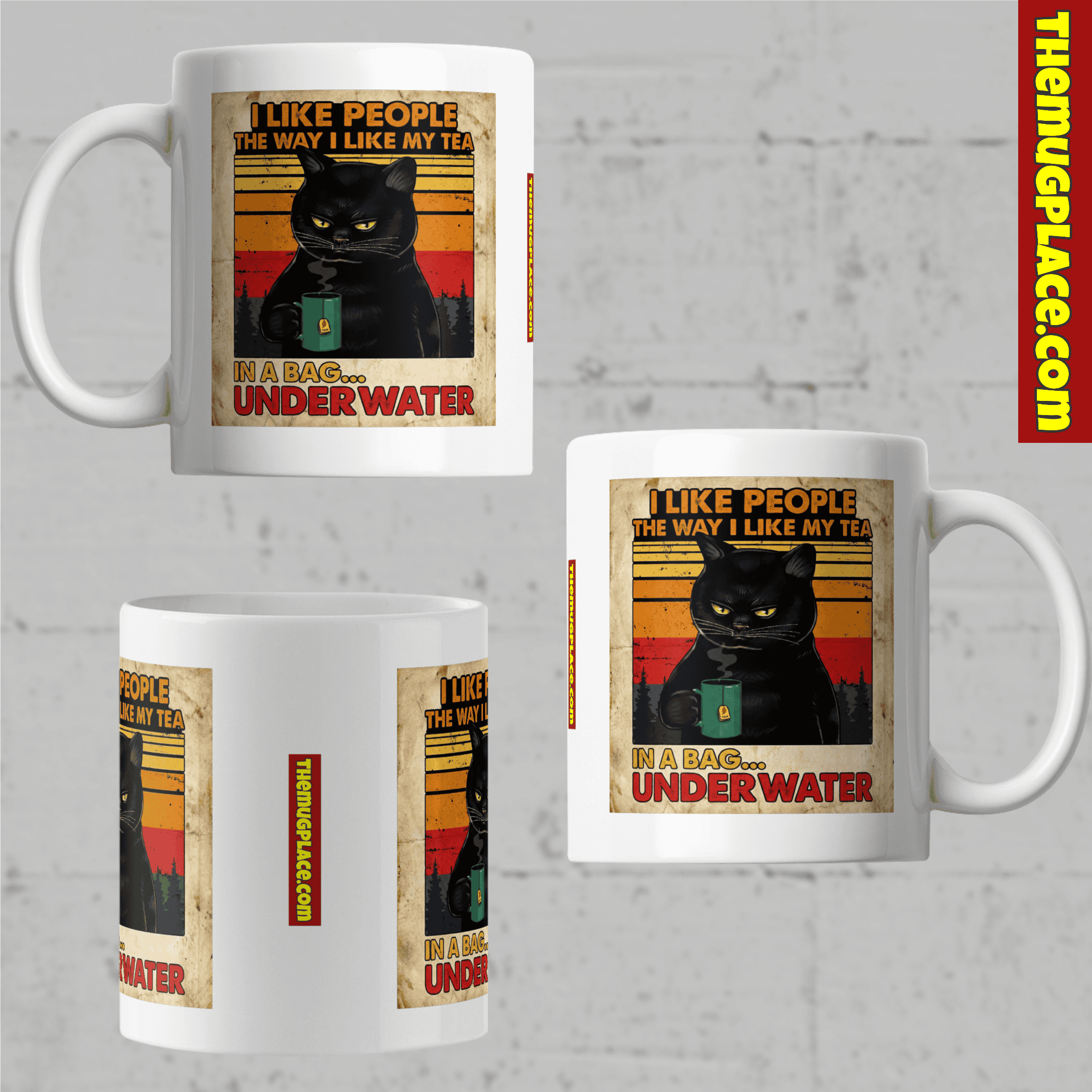 Three white mugs featuring Grumpy Cat and a funny cat quote: “I like people the way I like my tea... in a bag... under water.”