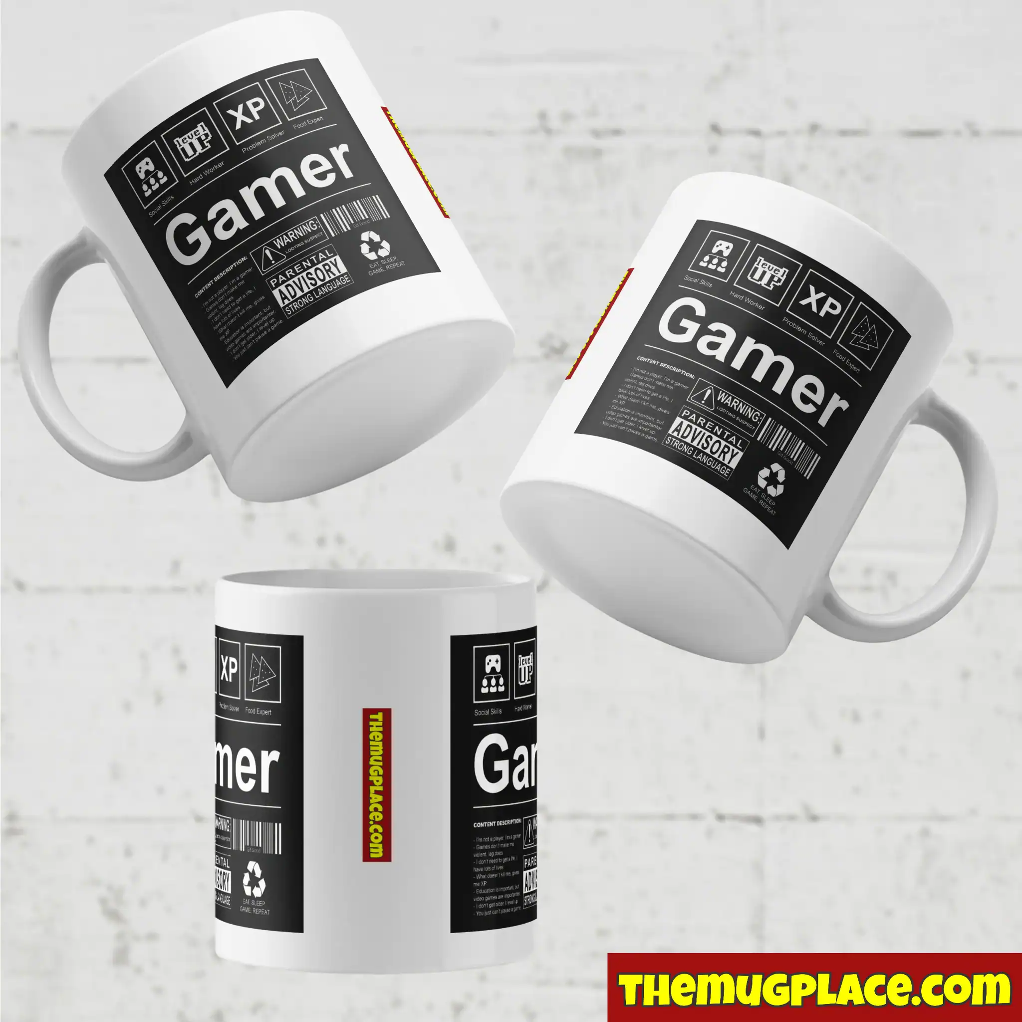 Three white Retro Gamer Mugs float against a white wooden background; THEMUGPLACE.COM stands out in yellow.