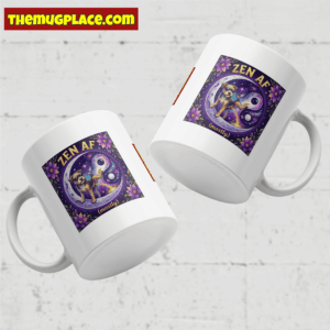 Two white funny mugs with a colourful dog and Zen AF text; themugplace.com at top left—perfect for your mug collection.