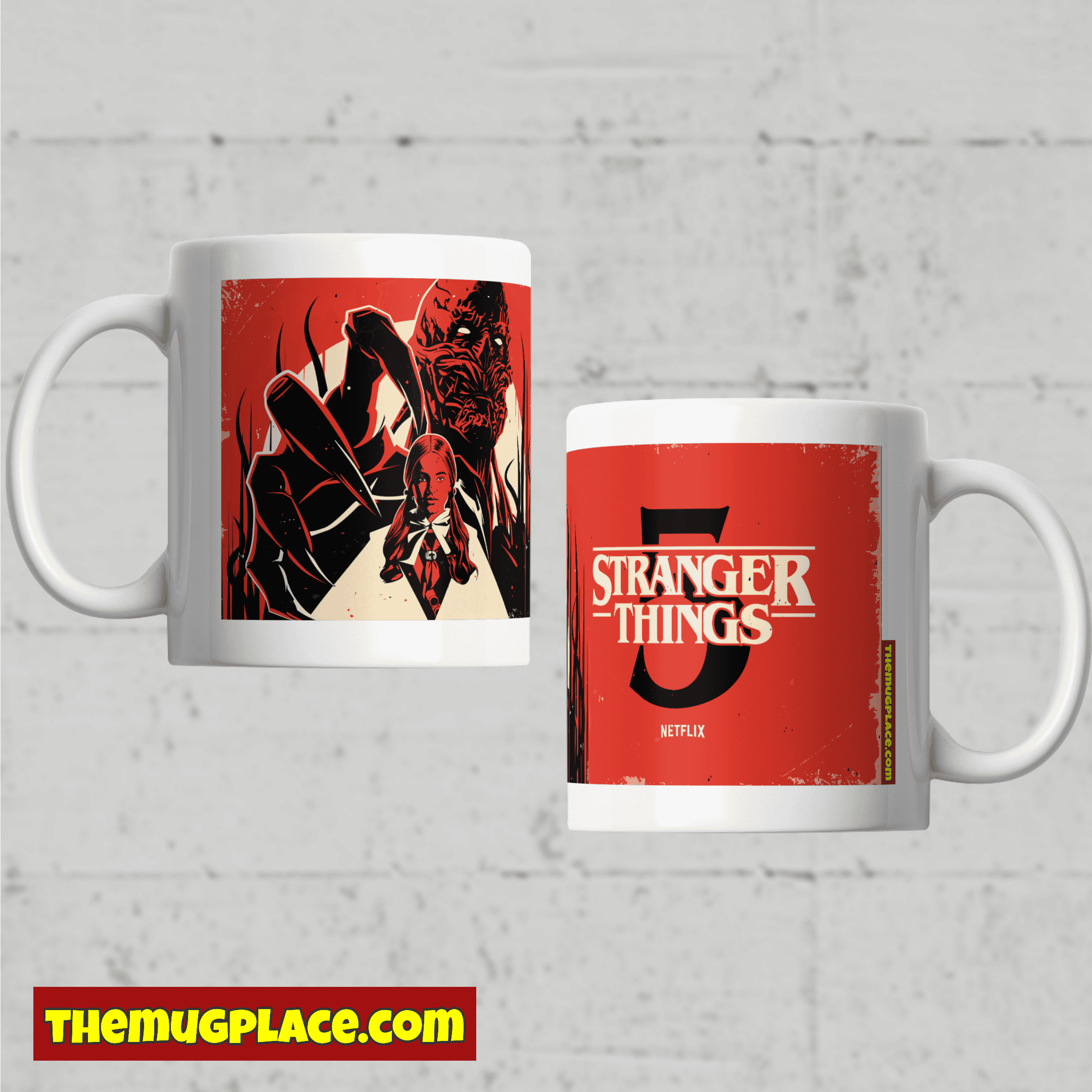 Two white gift mugs with red designs: one has the Stranger Things Series 5 logo, the other features a monster and characters.