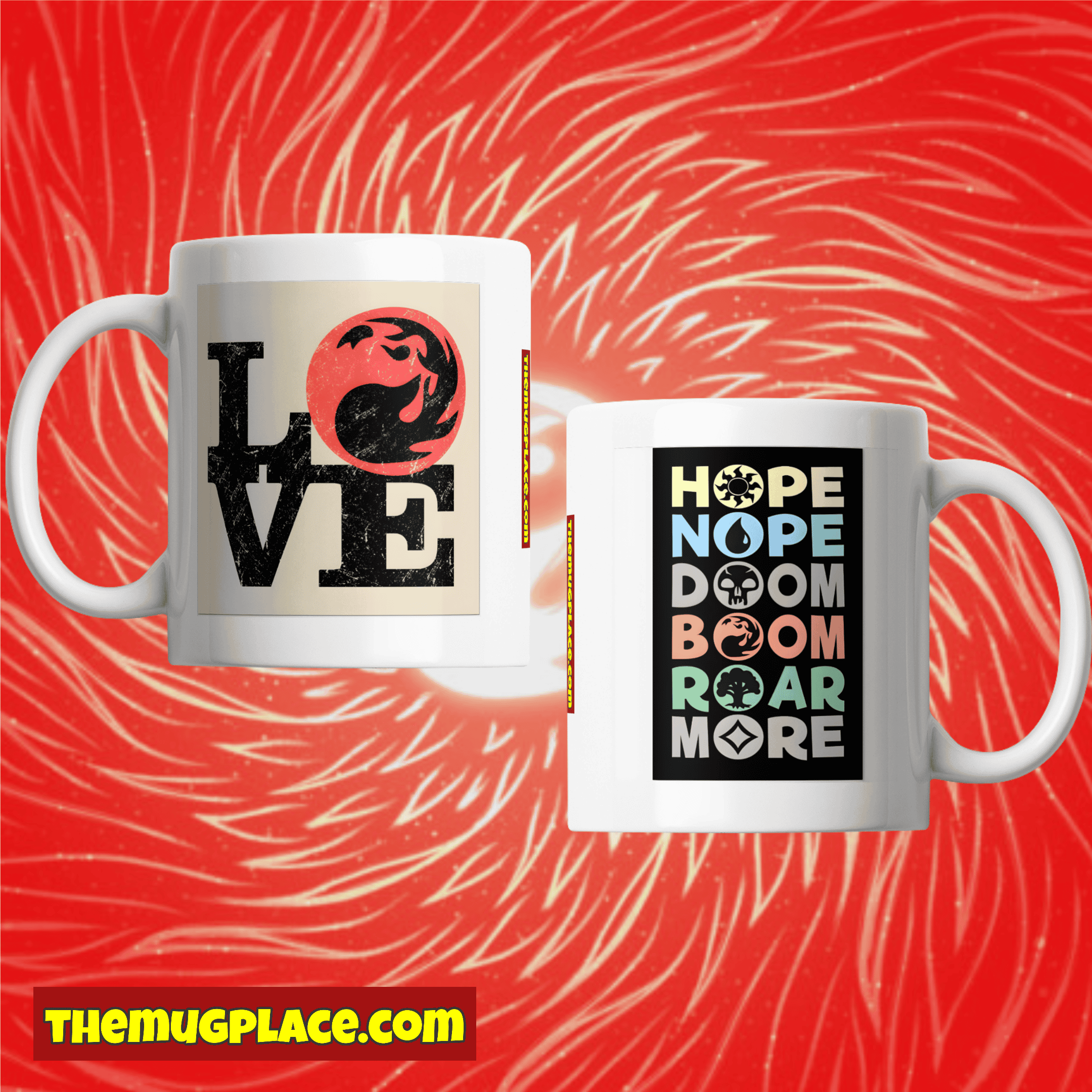 Two white Mana Mugs with bold designs and text against a red abstract background; THEMUGPLACE.COM at the bottom left.