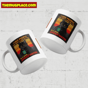 Two white mugs with a cat graphic and funny cat quotes—perfect for fans of tea jokes and Grumpy Cat humour.