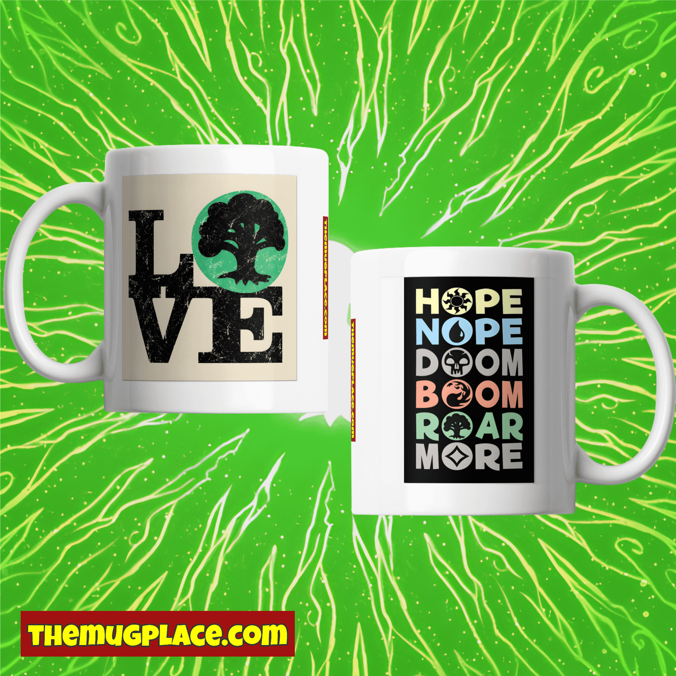 Two white mugs with bold, graphic text stand out on a green, abstract background—perfect for any Magic: The Gathering Mug Collection.