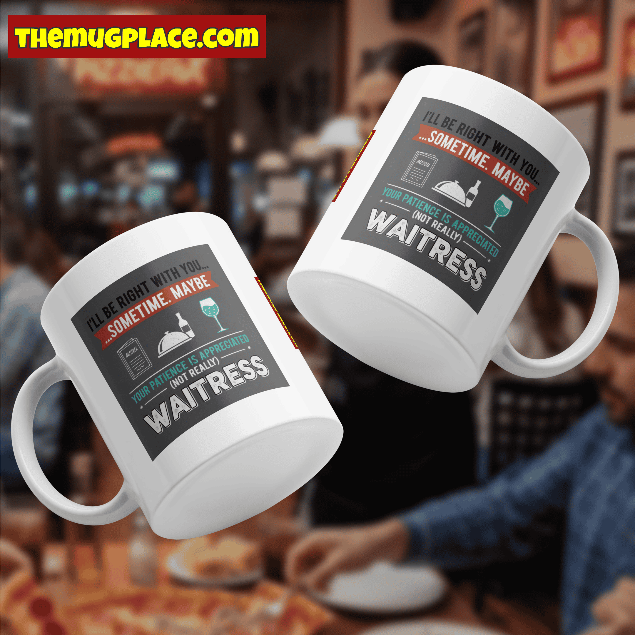 Two white waitress mug designs are displayed in focus, perfect for any waitress gift collection.