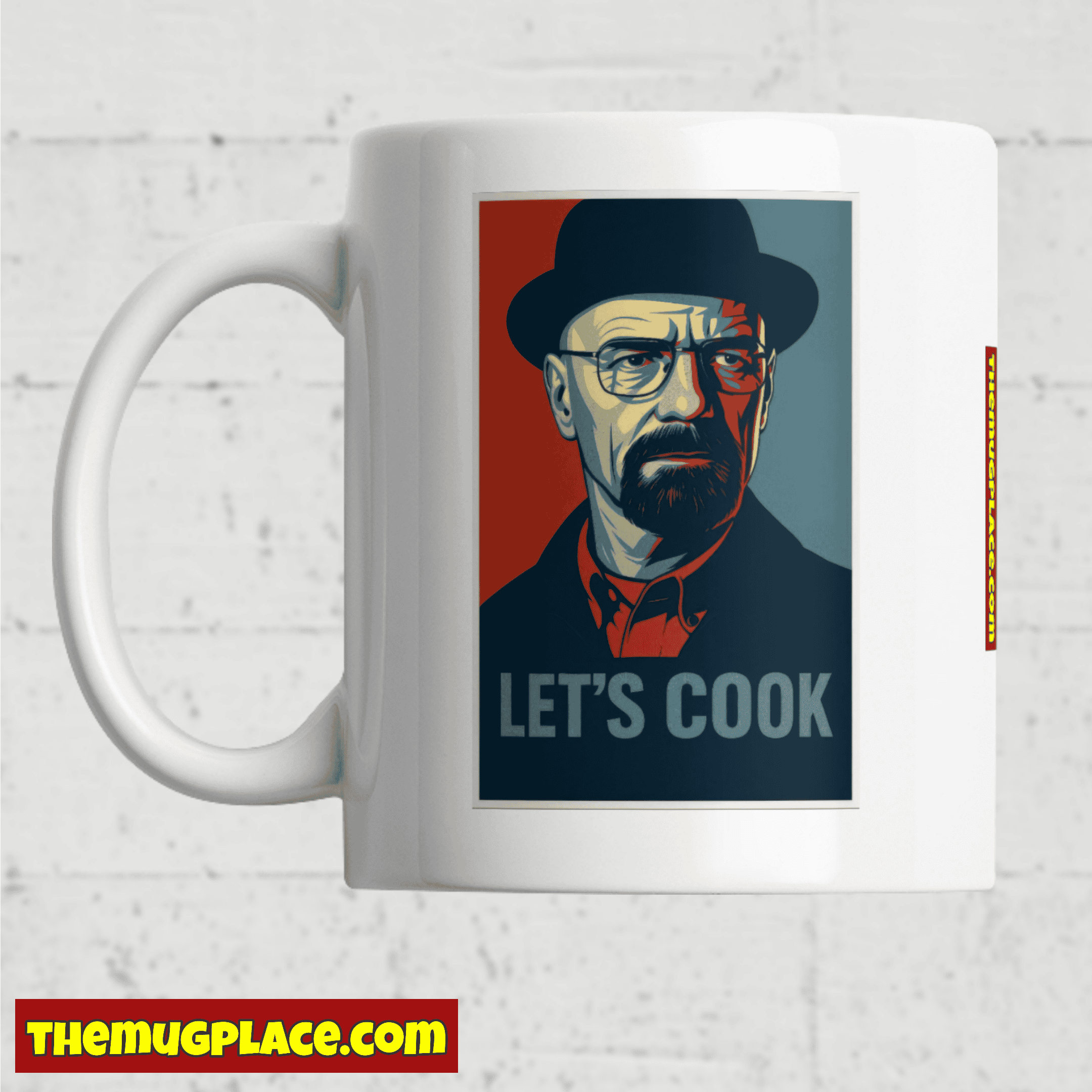 White mug featuring a Breaking Bad-inspired illustrated man in glasses and hat with the text “LET’S COOK” below.