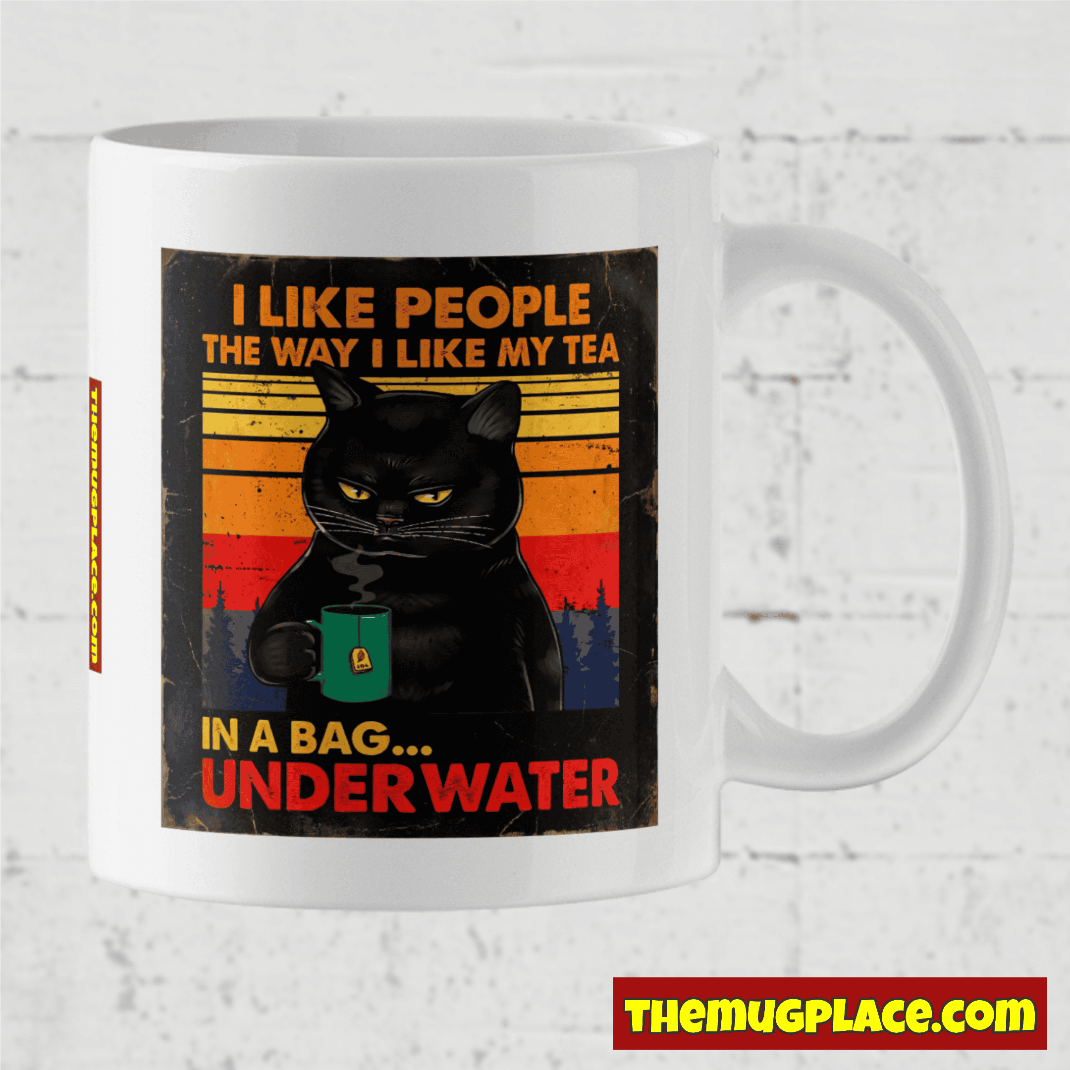 White mug featuring Grumpy Cat holding tea with a funny quote: I like people the way I like my tea—in a bag, under water.