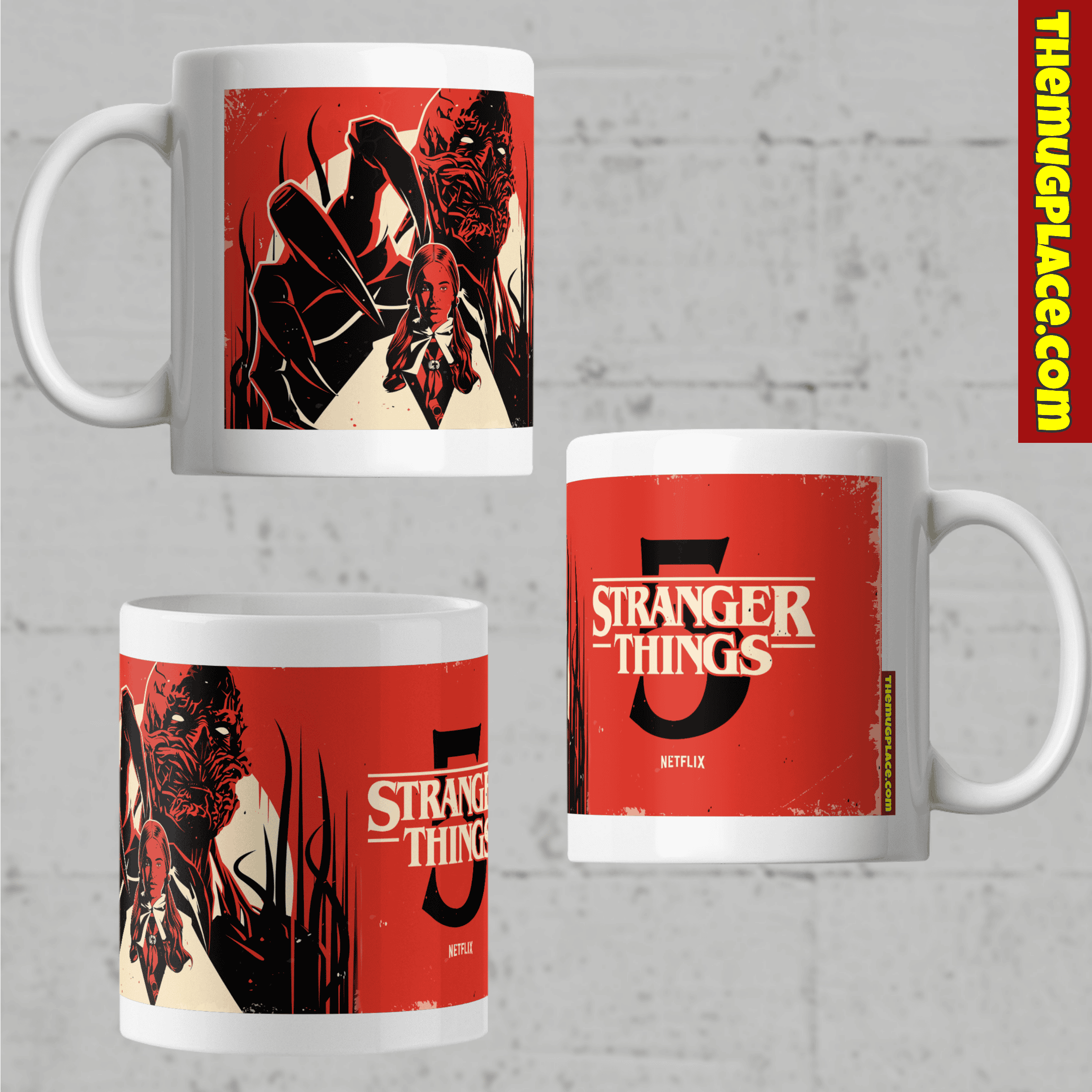 White mug featuring red Stranger Things Series 5 designs and character illustrations, displayed from three angles.