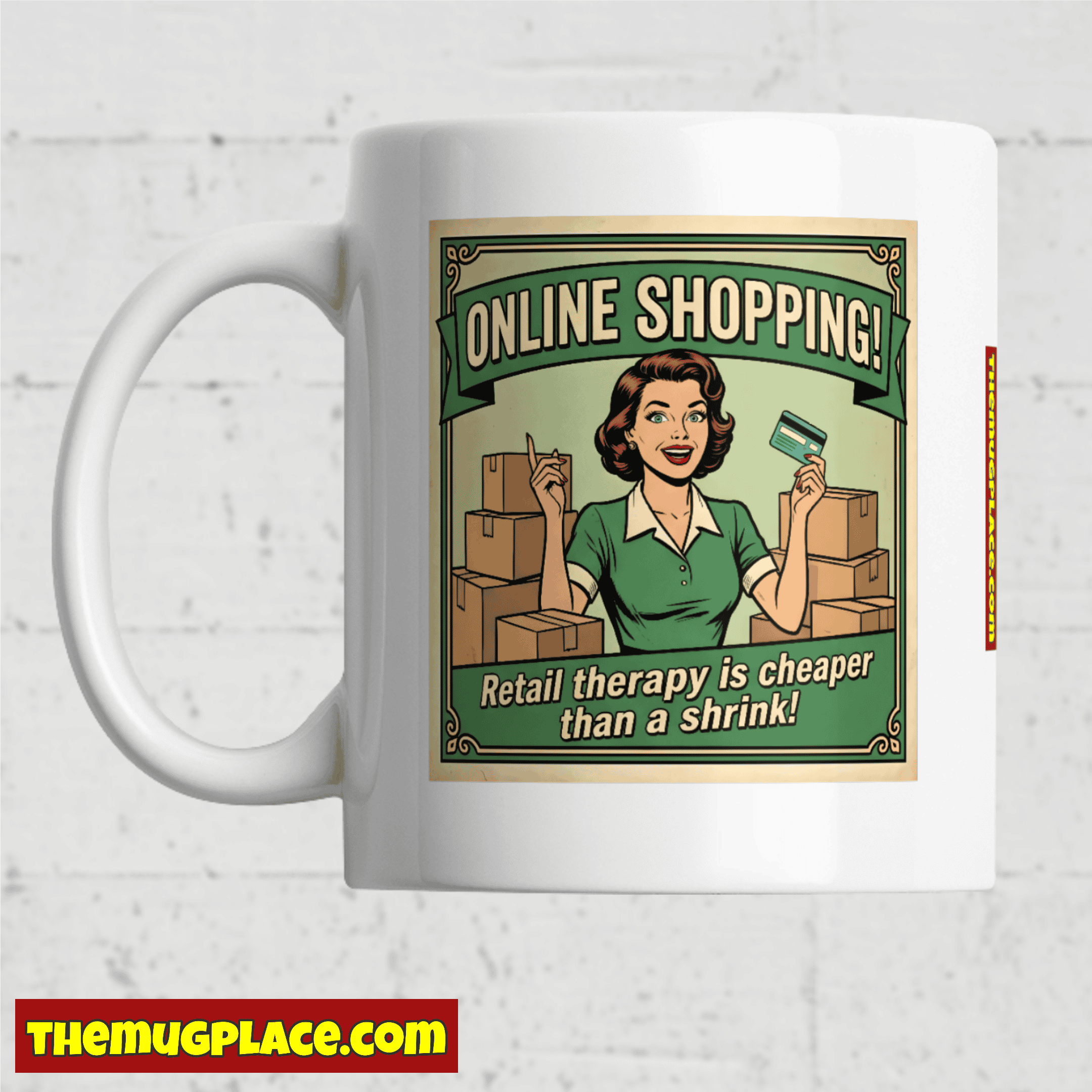 White mug from our Fun Mugs collection features a retro woman with a credit card and boxes, perfect for online shopping lovers.