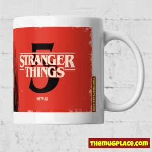 White mug with a red Stranger Things Series 5 design, Netflix logo, and themugplace.com branding—perfect Gift Mug for fans
