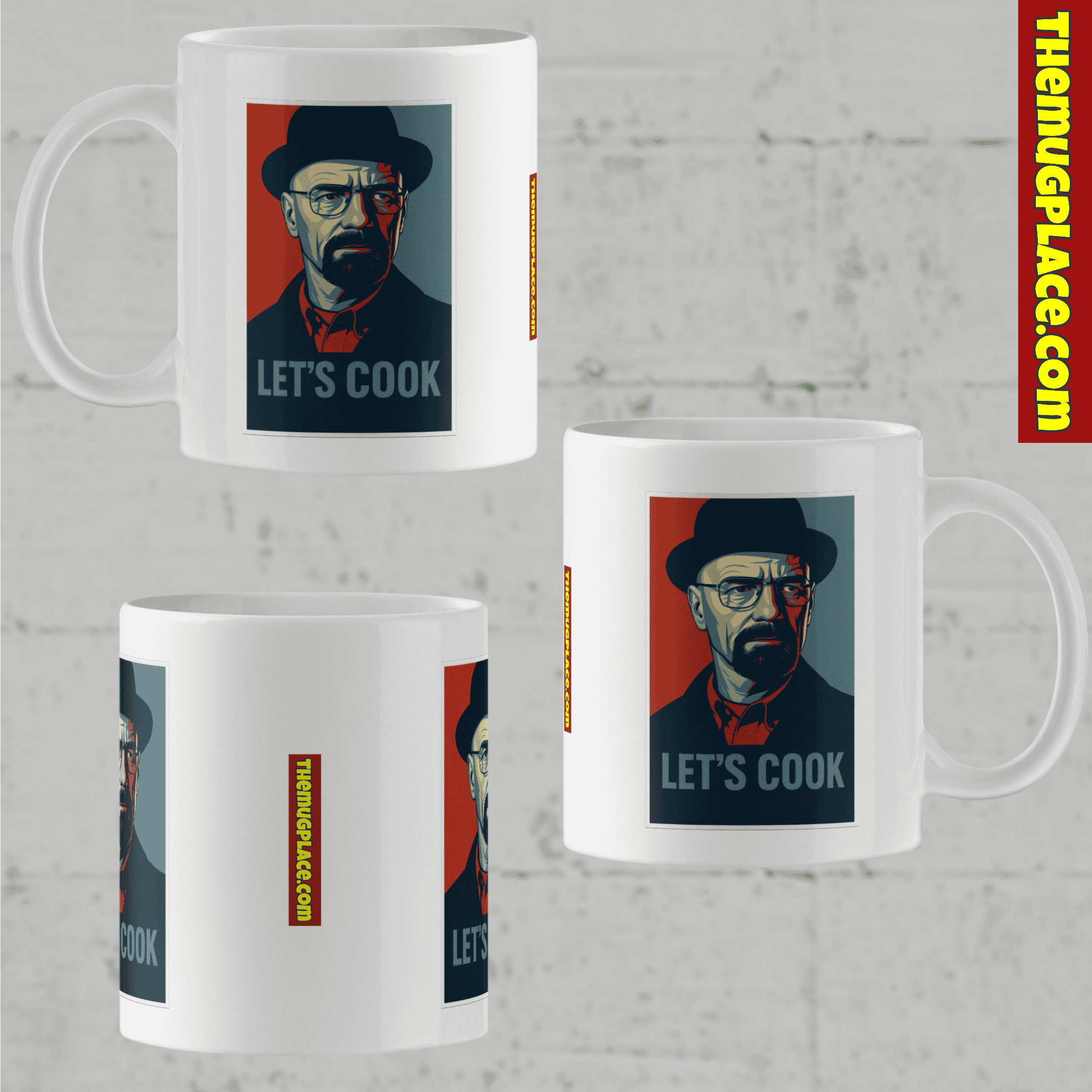 White mug with an illustrated man in a hat and glasses, LET'S COOK text—a perfect Breaking Bad gift from TheMugPlace.co.uk.
