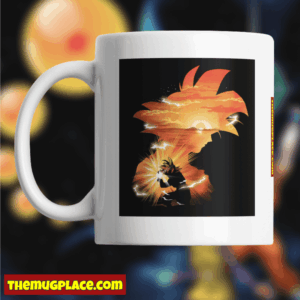White mug with an orange and yellow Dragon Ball silhouette design, inspired by Goku, placed against a blurred background.