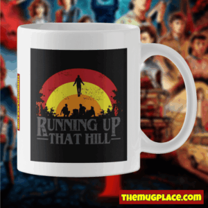 White Stranger Things Mug with a retro sunset, four silhouettes, and Running Up That Hill – perfect for any Dear Billy fan.