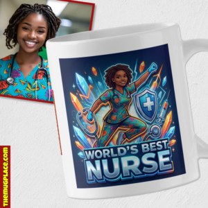 A personalised nurse gift: a World's Best Nurse mug with a cartoon nurse, shown by a smiling woman in scrubs.