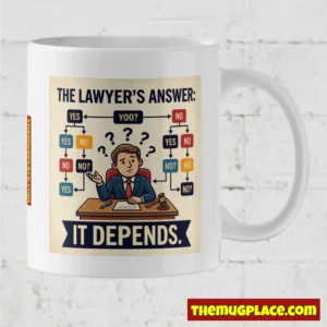 A white Legal Humour mug featuring a cartoon solicitor, a flowchart, and the classic phrase: The solicitor’s answer: It depends.