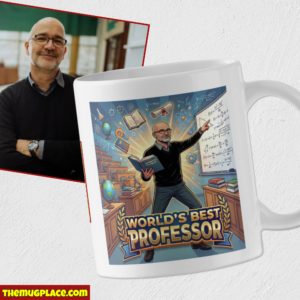 A white teacher appreciation mug featuring a cartoon lecturer with a book and maths symbols, labelled World's Best Lecturer.
