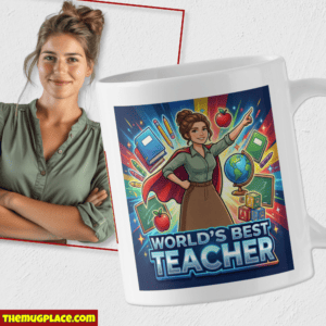 A woman stands smiling next to a teacher appreciation mug that reads World's Best Teacher with colourful school-themed illustrations.