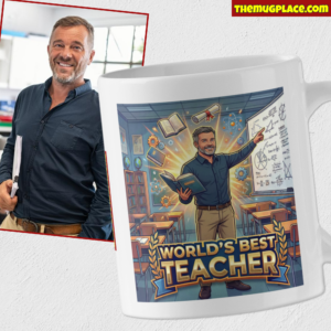 A personalised teacher mug features an illustrated classroom scene with "World's Best Teacher" and a photo of a smiling man.