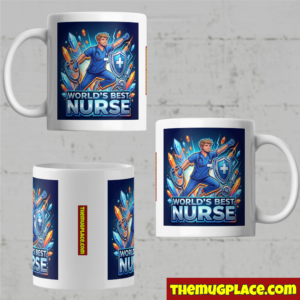 White mug with a cartoon nurse and World's Best Nurse text; perfect appreciation mug for nurses. Logo in yellow and red.
