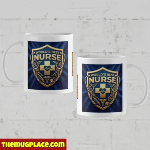 Two white nurse mugs with a gold badge reading World's Best Nurse—perfect for any nurse mug collection or as thoughtful nurse gifts.