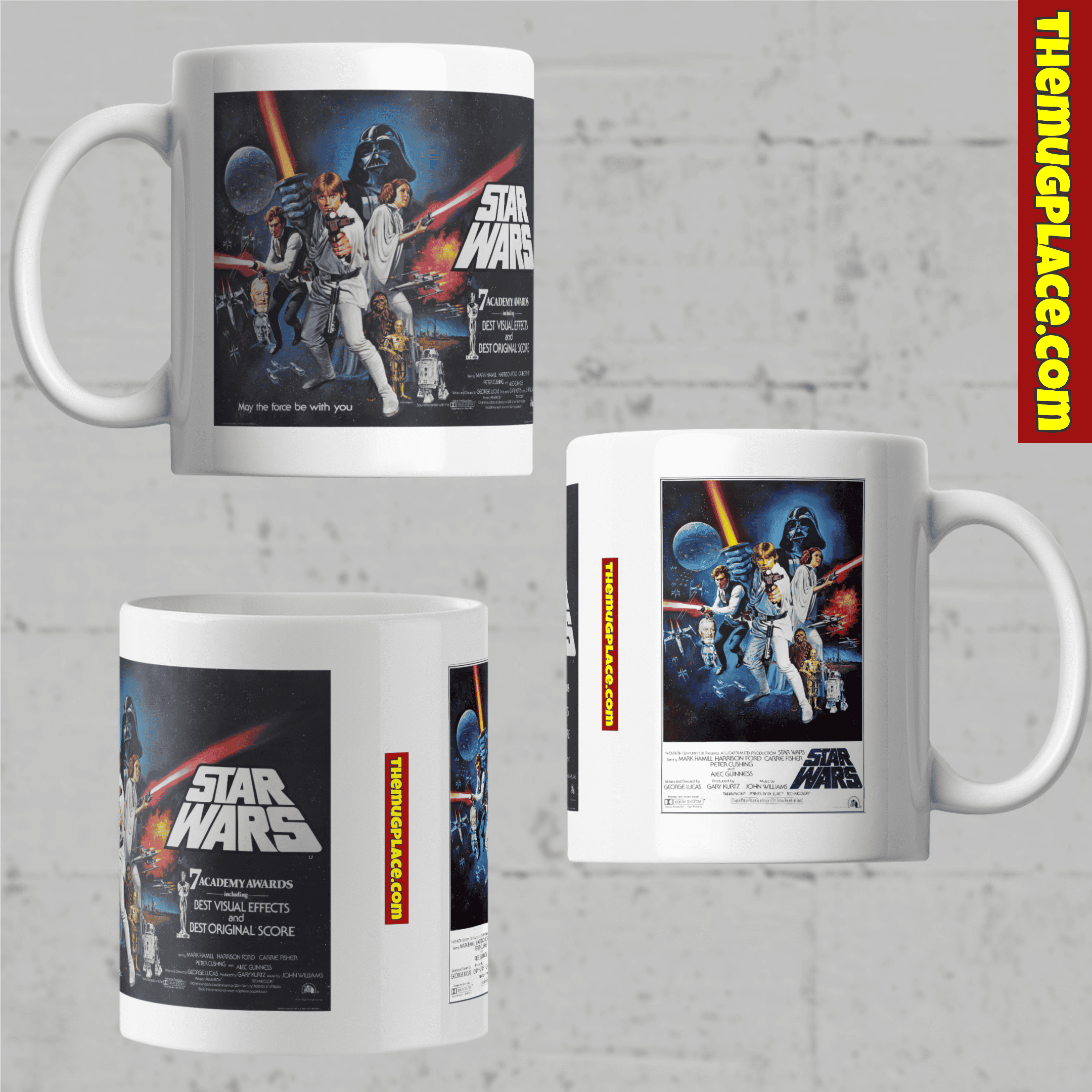 Original mug featuring classic Star Wars film poster artwork and logos, shown from three different angles.