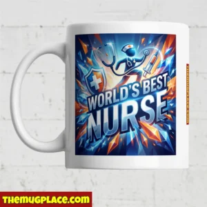 White nurse mug with a colourful WORLD'S BEST NURSE design—perfect nurse gift with medical icons and geometric shapes.