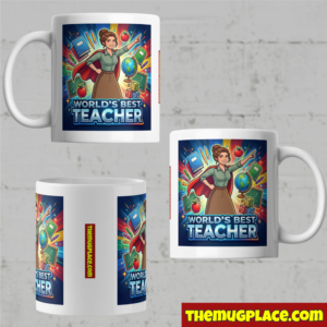 The World's Best Teacher: Personalised Mug with fun cartoon school supplies—perfect for a primary teacher gift.