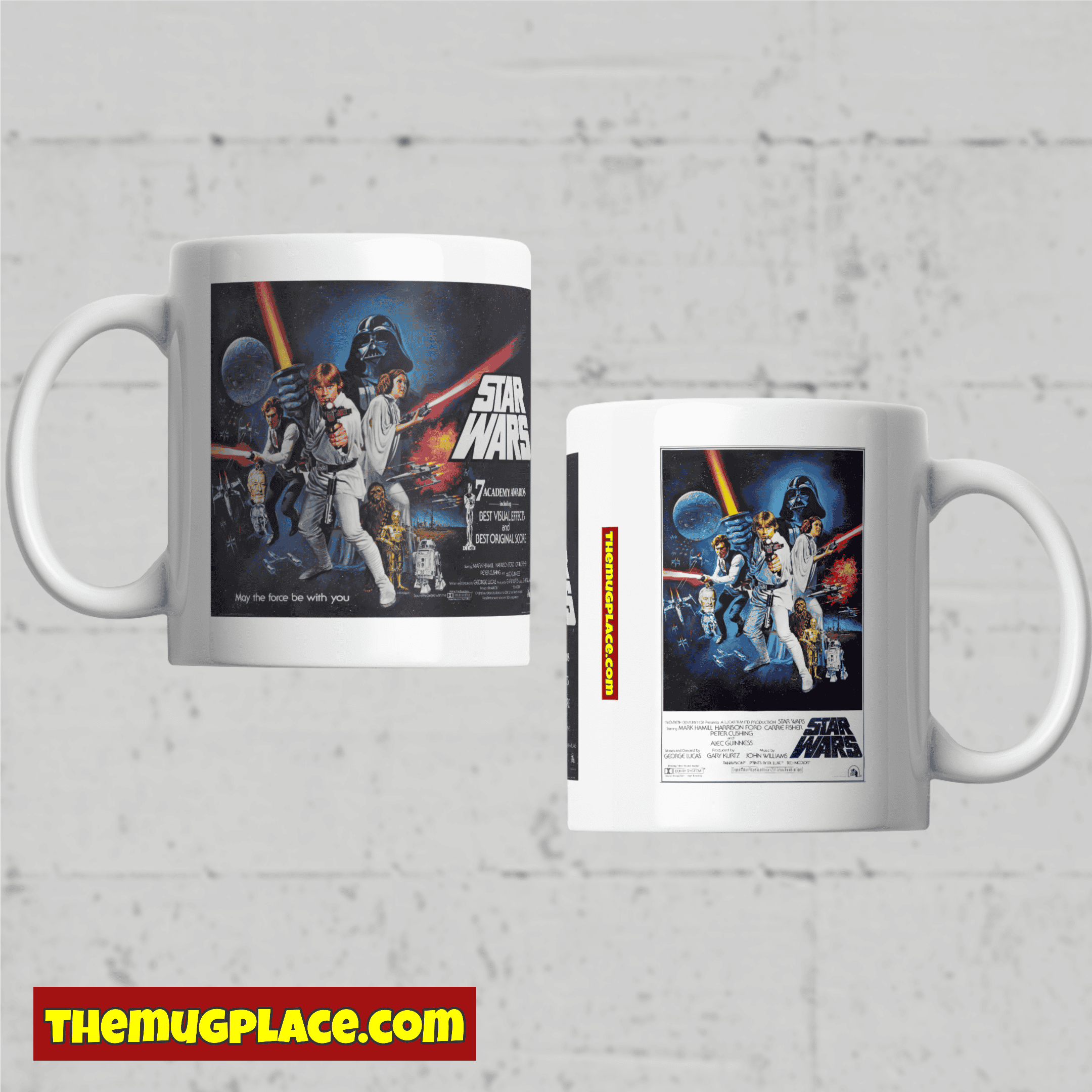 Two white Original Mugs showcase the classic Star Wars film poster art and credits, displayed front and back.