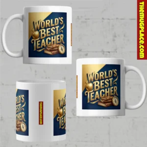White Best Teacher Mug with “World’s Best Teacher” above books and an apple; perfect teacher present from themugplace.com on handle.