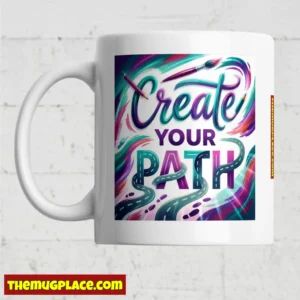 White motivational mug with colourful “Create Your Path” text and abstract road—perfect for your mug collection.