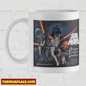 White Star Wars mug with classic 1977 film poster artwork—original Star Wars merchandise for true fans.