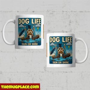 Two white mugs featuring the “Dog Life: Walking the Dog, Rain or Shine” design—perfect for dog lovers.